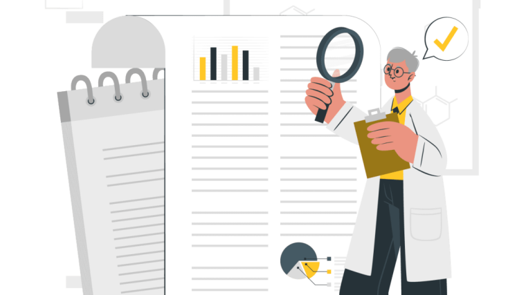 Researcher looking at scientific publication with magnifying glass